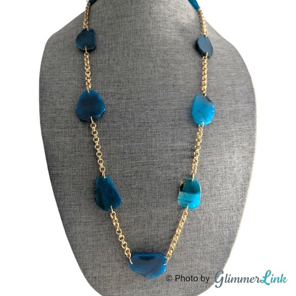 Vintage RG Graziano Blue Agate Long Gold Tone Necklace 36 Inch Layering Station - Picture 3 of 11